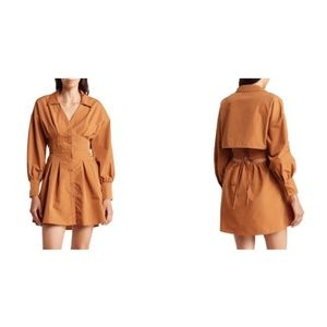 LUMIERE Pleated Long Sleeve Open Lace-up Back Shirt Dress sz L